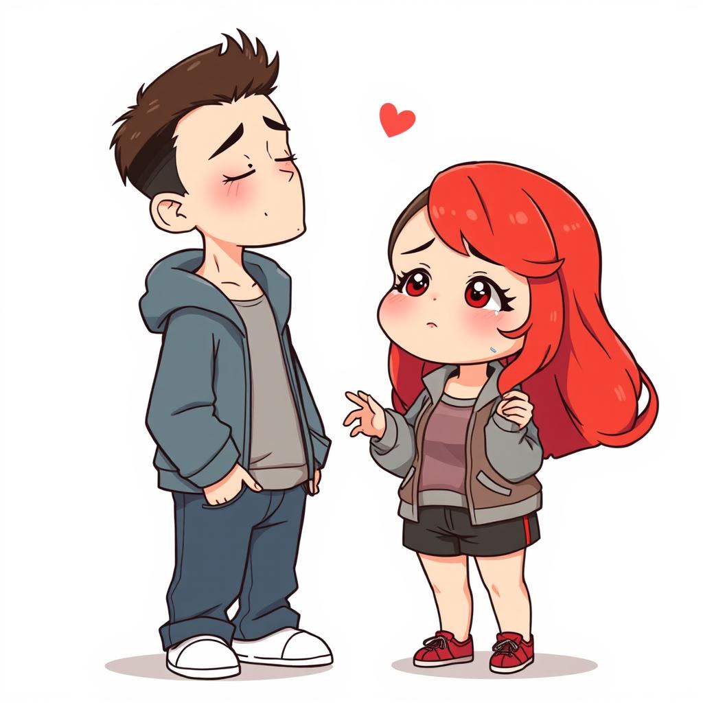 A full-body chibi-style illustration of a handsome, slim young adult boy and a curvy, plus-sized young adult girl of the same age and height