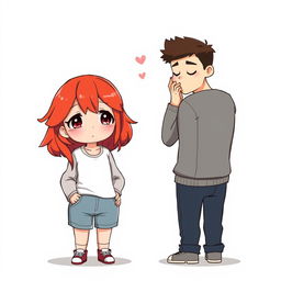 A full-body chibi-style illustration of a handsome, slim young adult boy and a curvy, plus-sized young adult girl of the same age and height