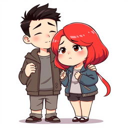 A full-body chibi-style illustration of a handsome, slim young adult boy and a curvy, plus-sized young adult girl of the same age and height