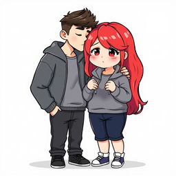 A full-body chibi-style illustration of a handsome, slim young adult boy and a curvy, plus-sized young adult girl of the same age and height