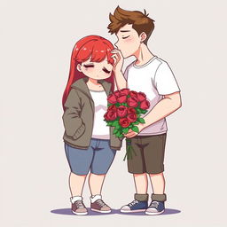 Full-body chibi-style illustration featuring a handsome, slim young adult boy and a curvy, plus-sized young adult girl, both of the same age and height