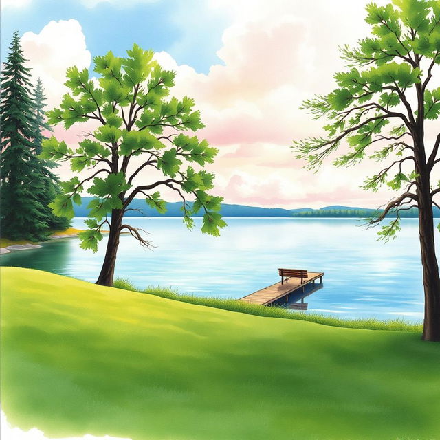 A serene lakeside scene captured in a watercolor painting