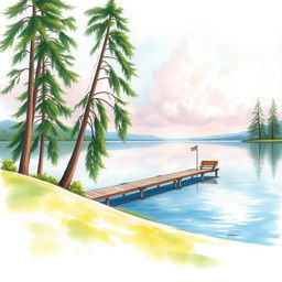 A serene lakeside scene captured in a watercolor painting