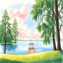 A serene lakeside scene captured in a watercolor painting