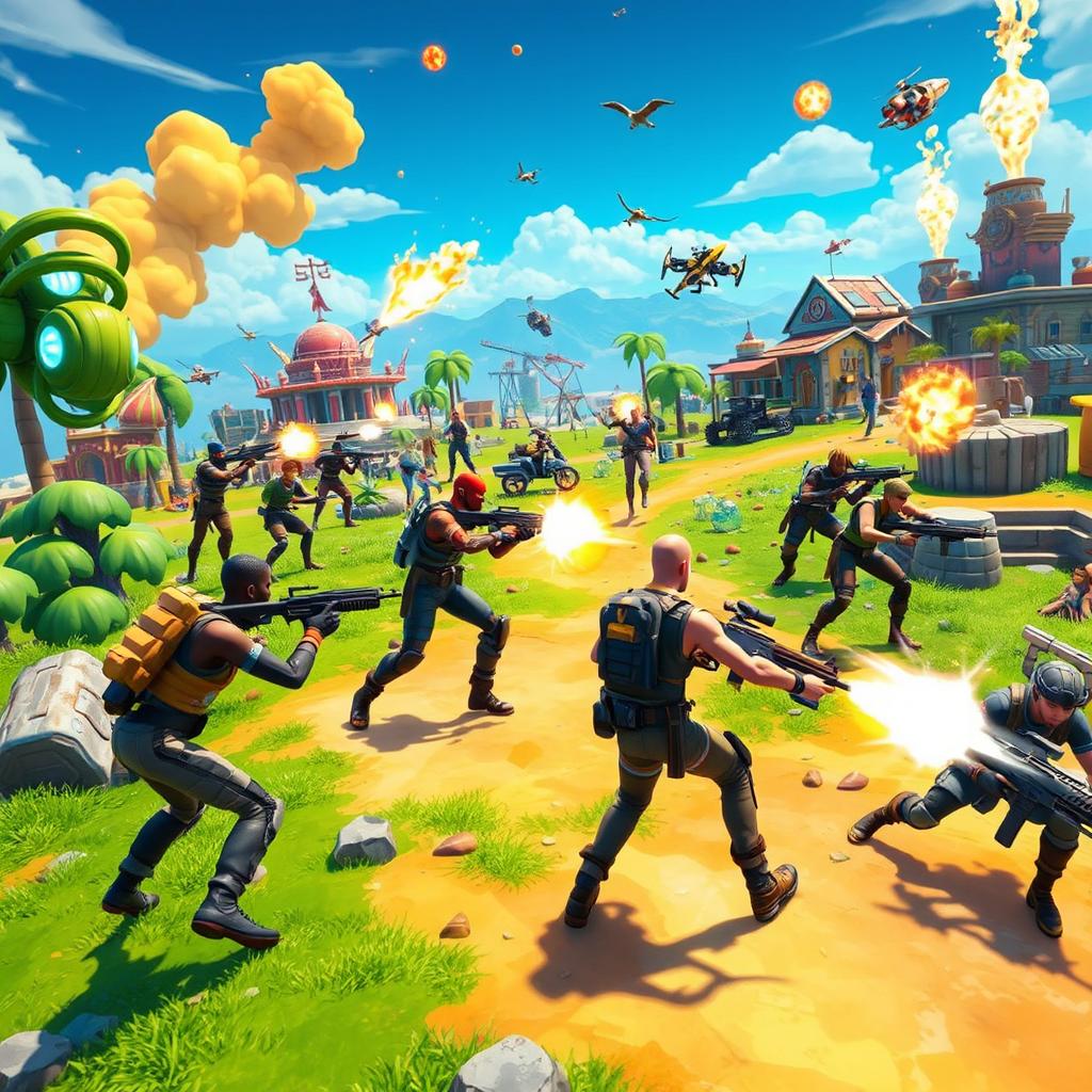 A vibrant action-packed scene inspired by Fortnite, featuring diverse characters in combat attire engaging in an intense battle royale on a dynamic and colorful island landscape