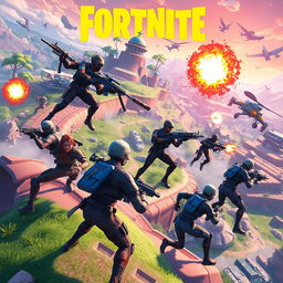 A vibrant action-packed scene inspired by Fortnite, featuring diverse characters in combat attire engaging in an intense battle royale on a dynamic and colorful island landscape