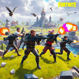 A vibrant action-packed scene inspired by Fortnite, featuring diverse characters in combat attire engaging in an intense battle royale on a dynamic and colorful island landscape