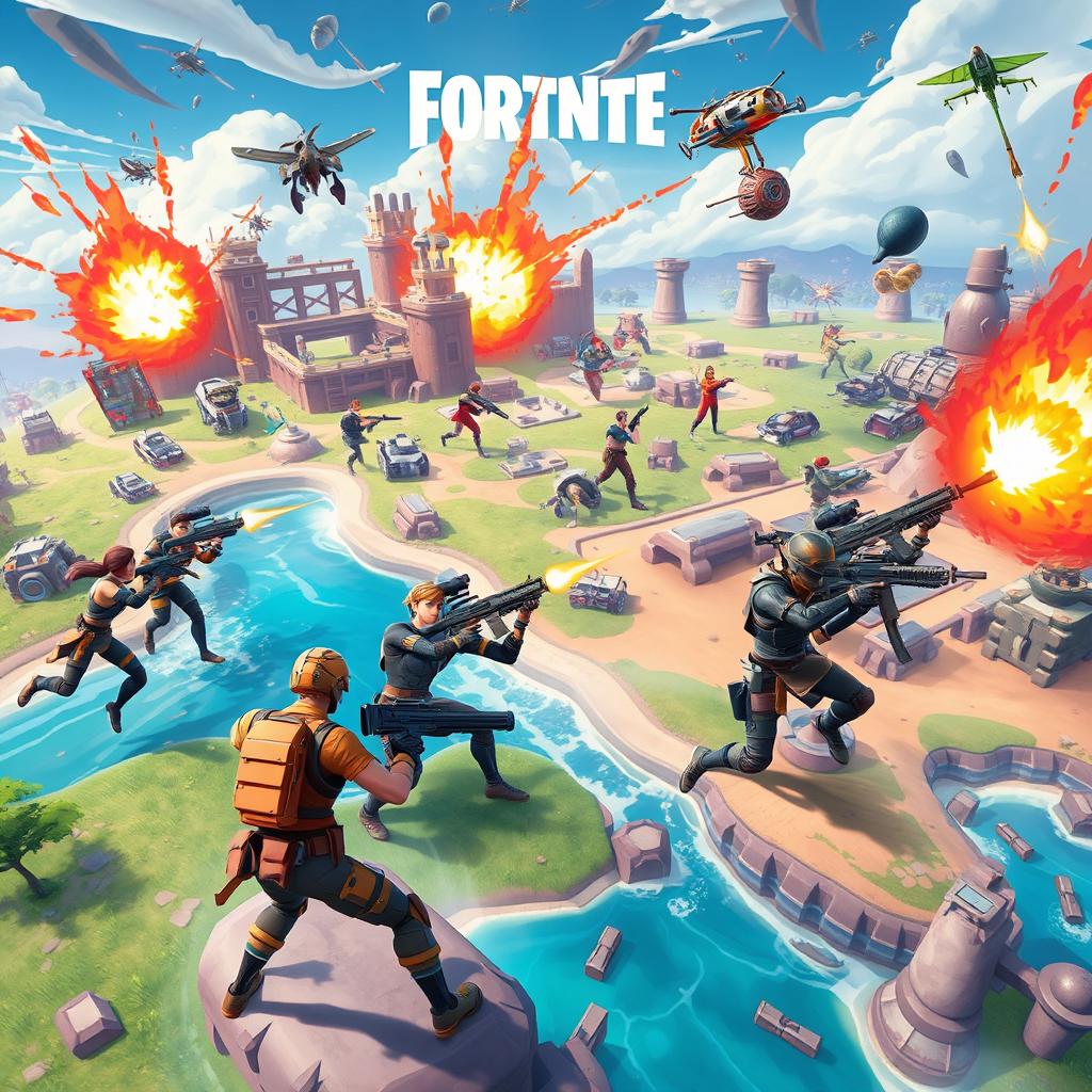 A vibrant action-packed scene inspired by Fortnite, featuring diverse characters in combat attire engaging in an intense battle royale on a dynamic and colorful island landscape