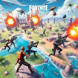 A vibrant action-packed scene inspired by Fortnite, featuring diverse characters in combat attire engaging in an intense battle royale on a dynamic and colorful island landscape