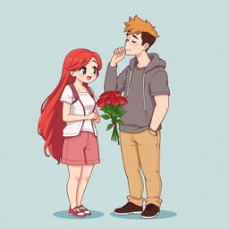 A full-body chibi-style illustration featuring a handsome, slim young adult boy and a curvy, plus-sized young adult girl of the same age and height