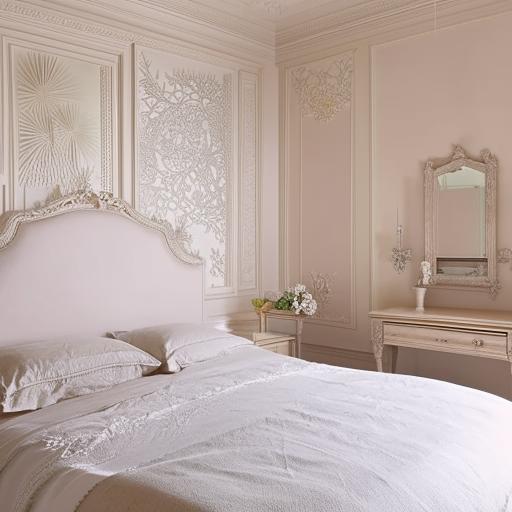 Bedroom showcasing a modern French design with intricately detailed walls and color scheme incorporating neutral and pastel shades