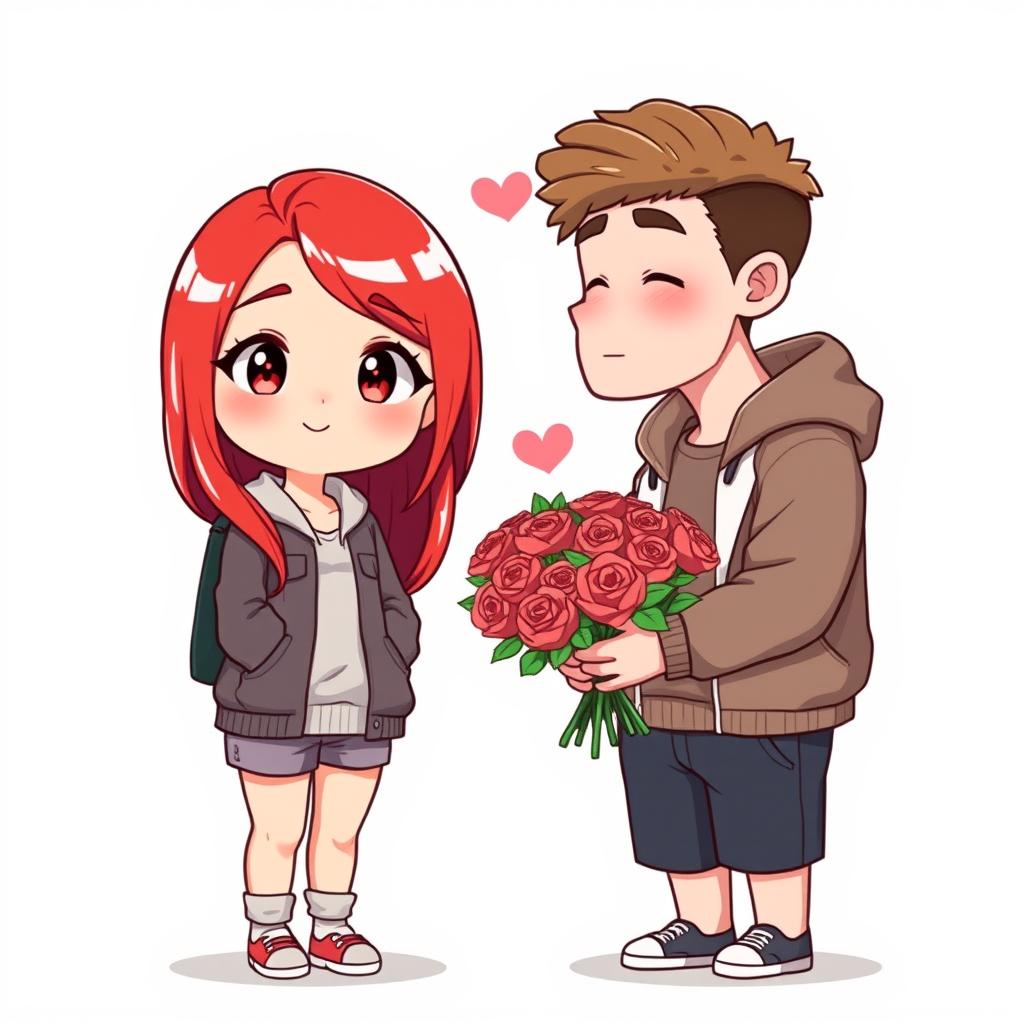 A full-body chibi-style illustration featuring a handsome, slim young adult boy and a curvy, plus-sized young adult girl of the same age and height