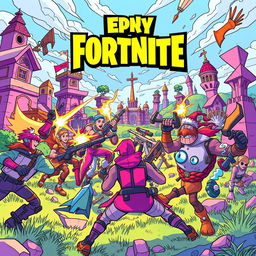 Epic Fortnite battle scene with vibrant and dynamic characters, engaging in a colorful and energetic combat, in a stylized art form suitable for coloring, filled with imaginative landscapes and structures, capturing the fun and playful spirit of Fortnite without weapons