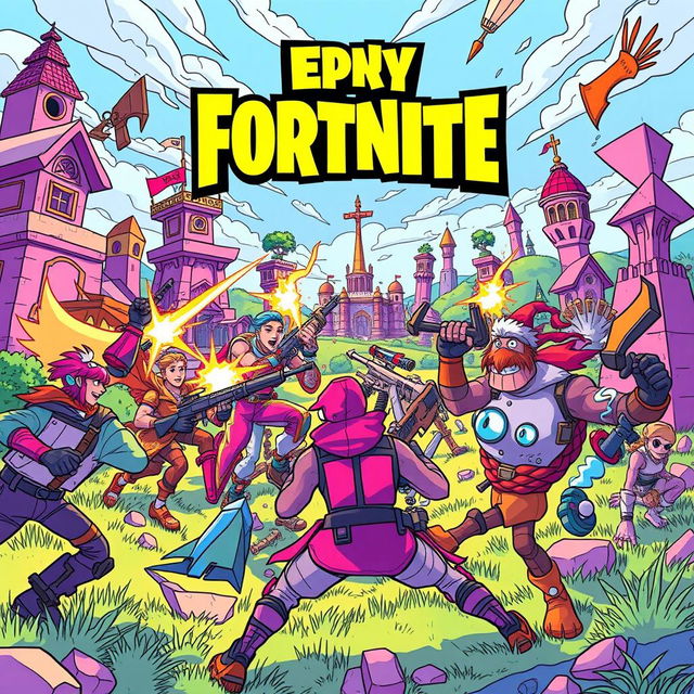 Epic Fortnite battle scene with vibrant and dynamic characters, engaging in a colorful and energetic combat, in a stylized art form suitable for coloring, filled with imaginative landscapes and structures, capturing the fun and playful spirit of Fortnite without weapons