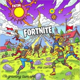 Epic Fortnite battle scene with vibrant and dynamic characters, engaging in a colorful and energetic combat, in a stylized art form suitable for coloring, filled with imaginative landscapes and structures, capturing the fun and playful spirit of Fortnite without weapons