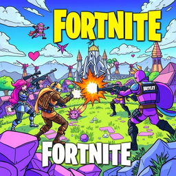 Epic Fortnite battle scene with vibrant and dynamic characters, engaging in a colorful and energetic combat, in a stylized art form suitable for coloring, filled with imaginative landscapes and structures, capturing the fun and playful spirit of Fortnite without weapons