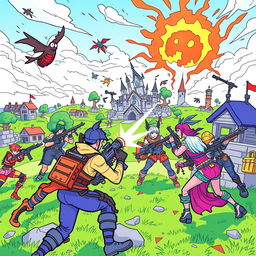 Epic Fortnite battle scene with vibrant and dynamic characters, engaging in a colorful and energetic combat, in a stylized art form suitable for coloring, filled with imaginative landscapes and structures, capturing the fun and playful spirit of Fortnite without weapons