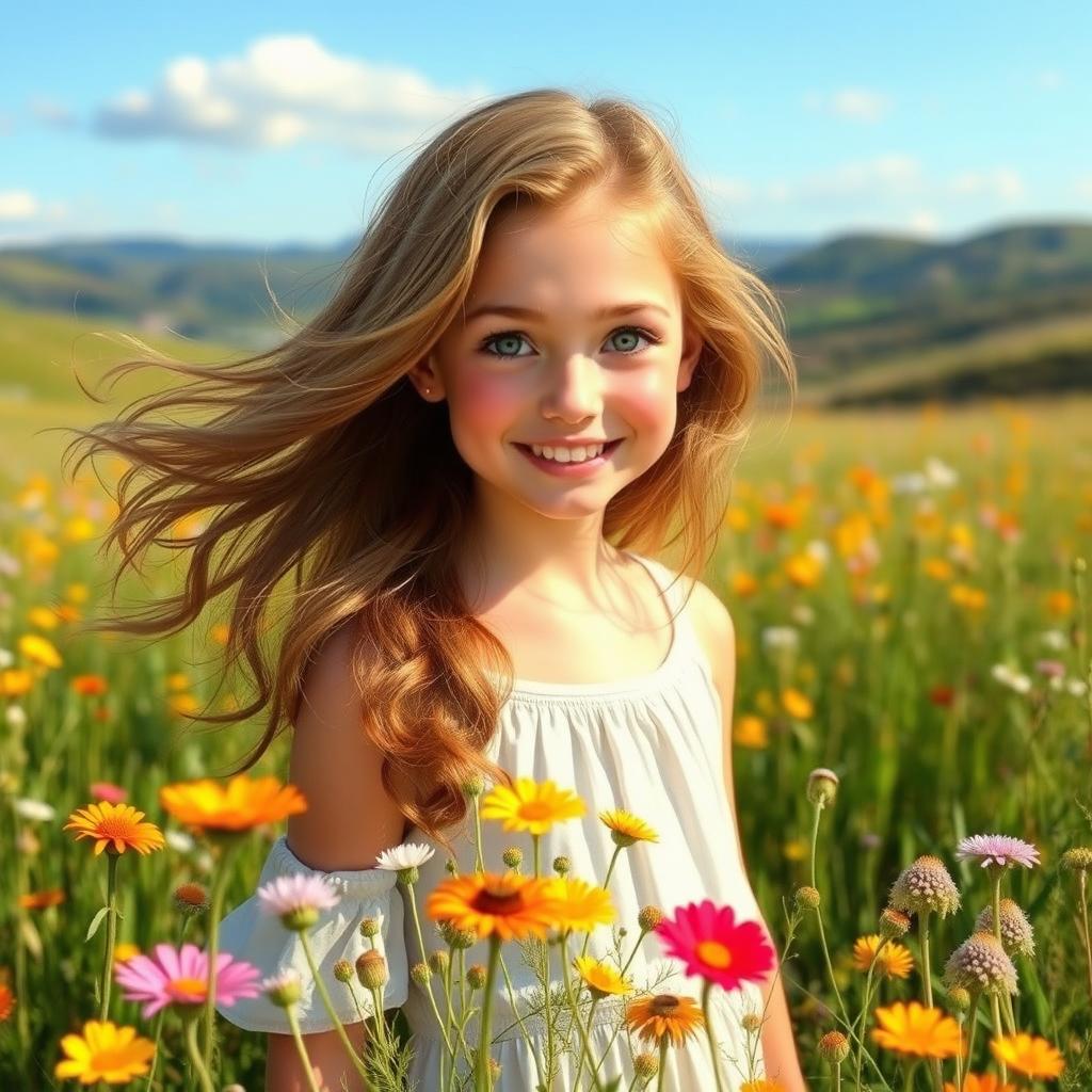 A beautiful girl with flowing hair standing in a serene meadow, surrounded by vibrant wildflowers and gentle sunlight