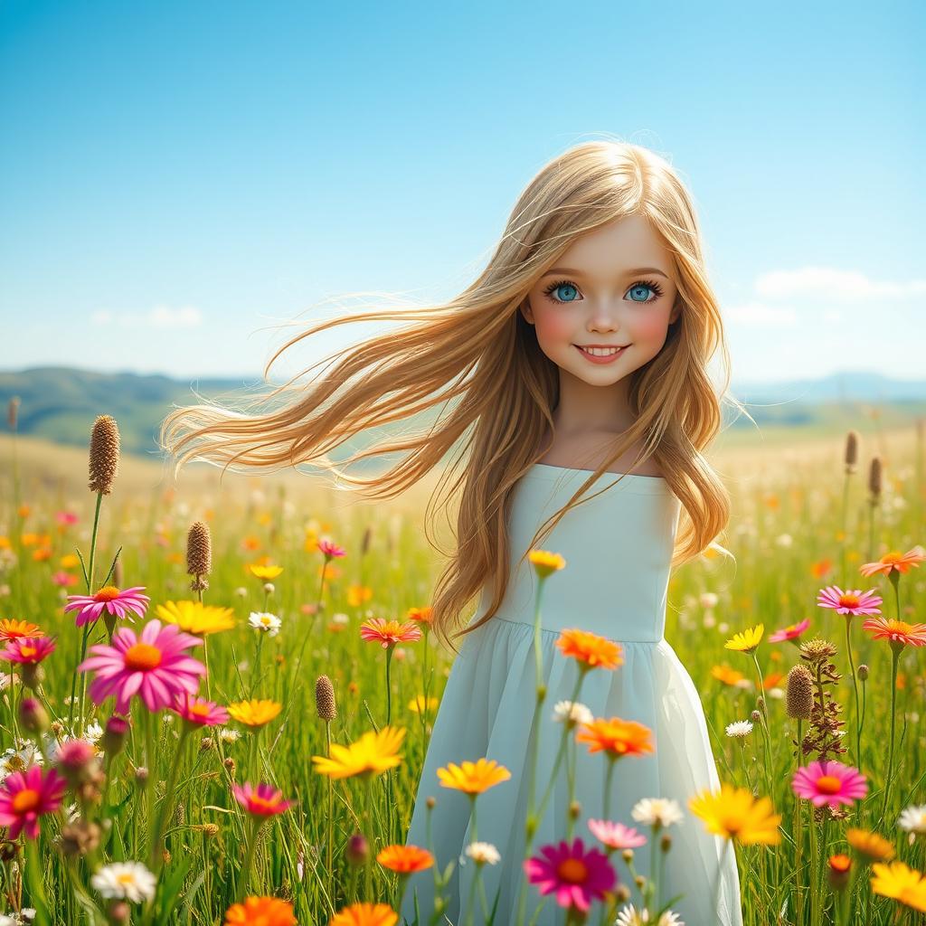 A beautiful girl with flowing hair standing in a serene meadow, surrounded by vibrant wildflowers and gentle sunlight