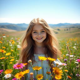 A beautiful girl with flowing hair standing in a serene meadow, surrounded by vibrant wildflowers and gentle sunlight