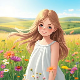 A beautiful girl with flowing hair standing in a serene meadow, surrounded by vibrant wildflowers and gentle sunlight