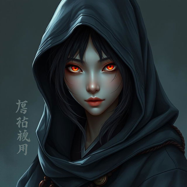 A mysterious and enigmatic Japanese sorceress around 20 years old with a draconic bloodline from a majestic copper dragon