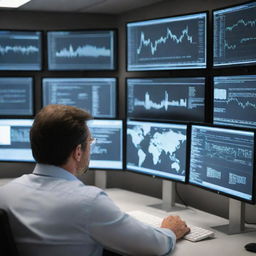 Generate an image of a subject matter expert, deeply engrossed in their work. They are surrounded by numerous screens displaying data, charts, and figures related to their specialty, highlighting their expertise and dedication.