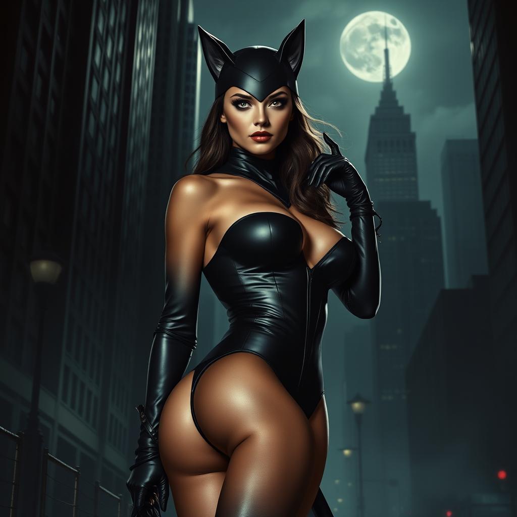 A seductive portrayal of Catwoman in her signature tight black leather suit, accentuating her curves, with her signature cat ears and whip