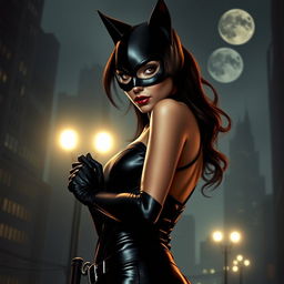 A seductive portrayal of Catwoman in her signature tight black leather suit, accentuating her curves, with her signature cat ears and whip