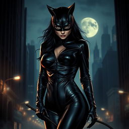 A seductive portrayal of Catwoman in her signature tight black leather suit, accentuating her curves, with her signature cat ears and whip