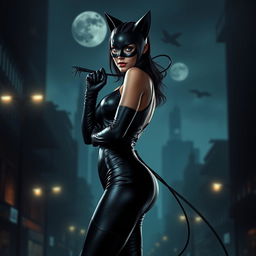 A seductive portrayal of Catwoman in her signature tight black leather suit, accentuating her curves, with her signature cat ears and whip