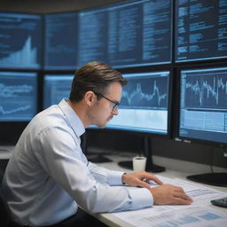 Generate an image of a subject matter expert, deeply engrossed in their work. They are surrounded by numerous screens displaying data, charts, and figures related to their specialty, highlighting their expertise and dedication.