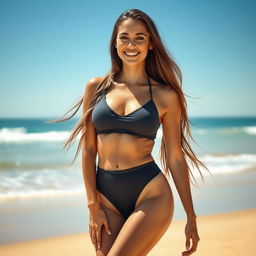 A beautiful woman standing confidently in a fashionable swimsuit on a sunny beach