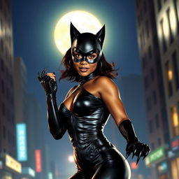 Halle Berry as Catwoman, wearing her iconic black leather catsuit with sharp claws and cat ears