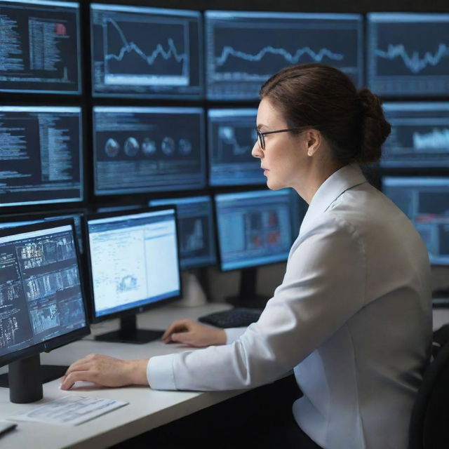 Generate an image of a subject matter expert, deeply engrossed in their work. They are surrounded by numerous screens displaying data, charts, and figures related to their specialty, highlighting their expertise and dedication.