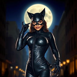 Halle Berry as Catwoman, wearing her iconic black leather catsuit with sharp claws and cat ears