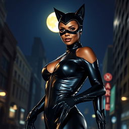 Halle Berry as Catwoman, wearing her iconic black leather catsuit with sharp claws and cat ears