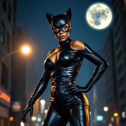 Halle Berry as Catwoman, wearing her iconic black leather catsuit with sharp claws and cat ears