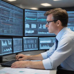 Generate an image of a subject matter expert, deeply engrossed in their work. They are surrounded by numerous screens displaying data, charts, and figures related to their specialty, highlighting their expertise and dedication.