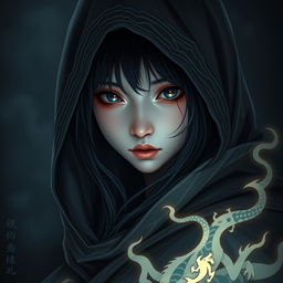 A mysterious and enigmatic Japanese sorceress around 20 years old with a draconic bloodline from a majestic copper dragon