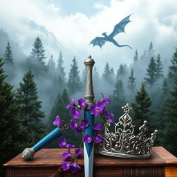 A captivating fantasy book cover featuring a misty pine forest in the background