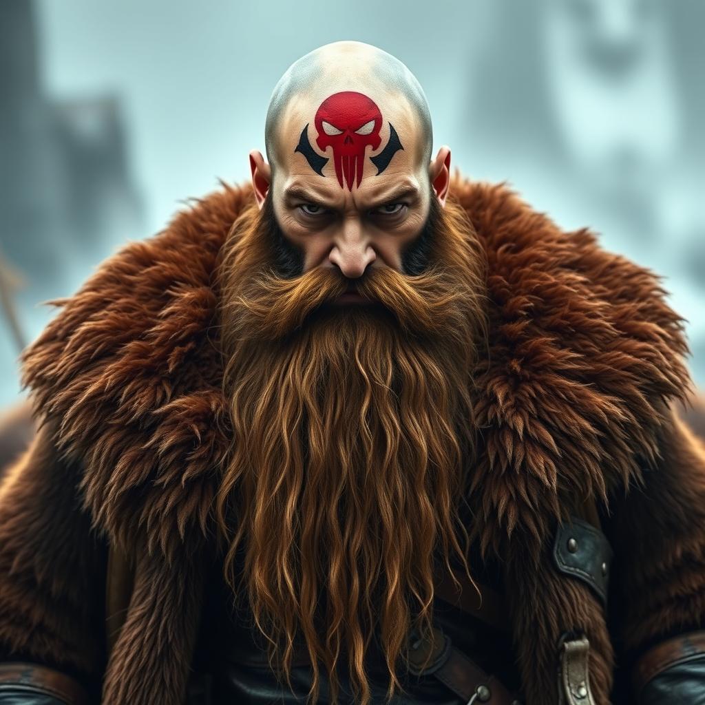 A 40-year-old man with a menacing appearance, featuring a long unkempt brown beard, and a bald head adorned with a red skull tattoo on the forehead