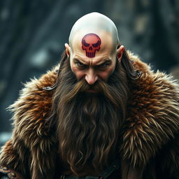 A 40-year-old man with a menacing appearance, featuring a long unkempt brown beard, and a bald head adorned with a red skull tattoo on the forehead