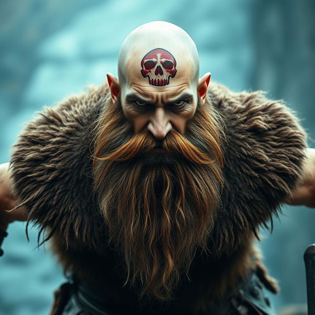 A 40-year-old man with a menacing appearance, featuring a long unkempt brown beard, and a bald head adorned with a red skull tattoo on the forehead