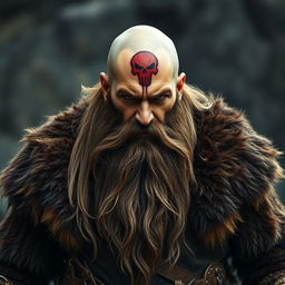 A 40-year-old man with a menacing appearance, featuring a long unkempt brown beard, and a bald head adorned with a red skull tattoo on the forehead