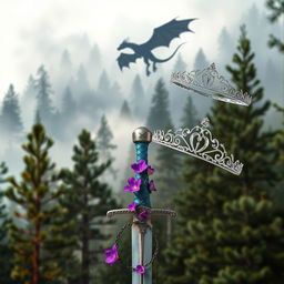 A captivating fantasy book cover featuring a misty pine forest in the background