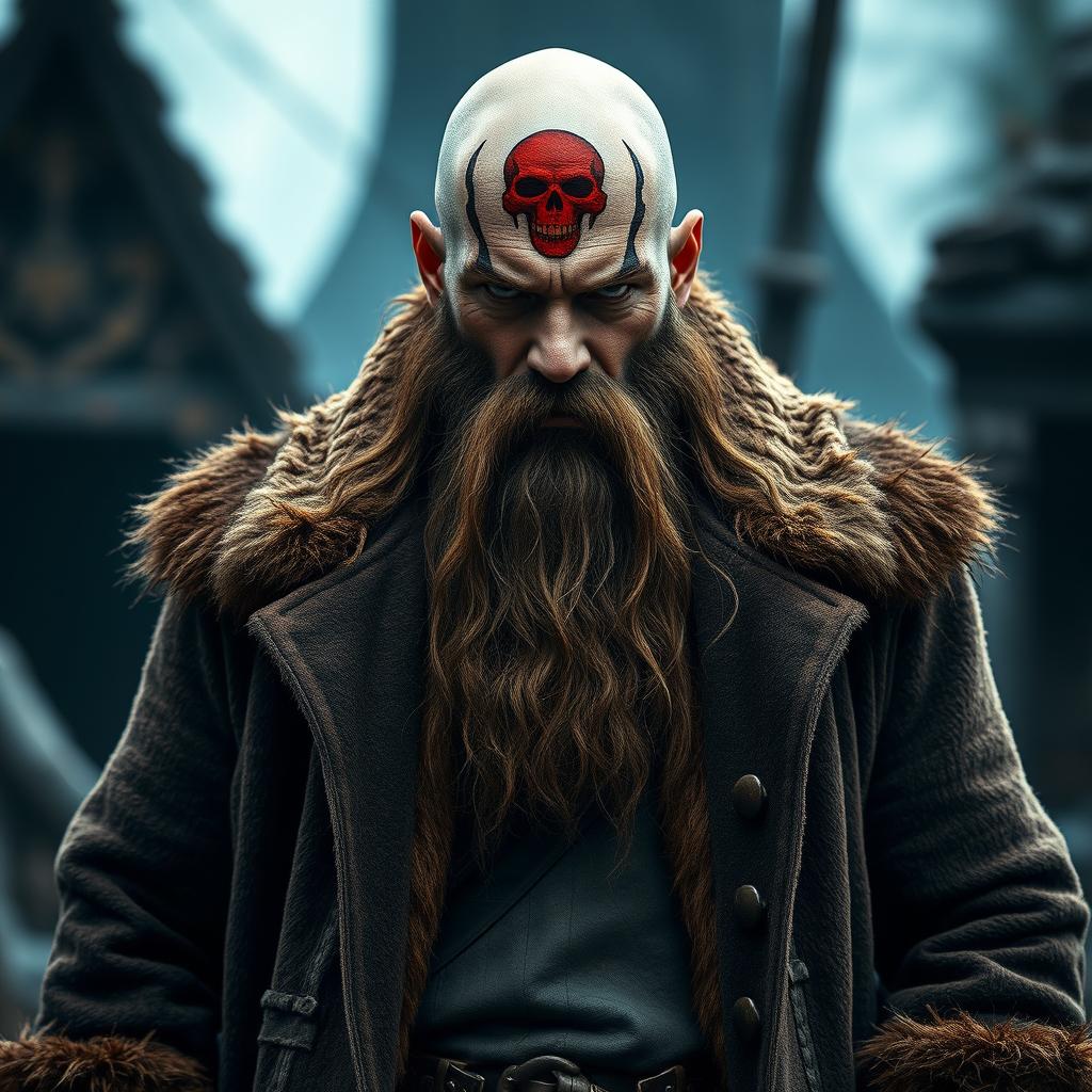 A 40-year-old man exuding a menacing aura, featuring a long, unkempt brown beard and a bald head with a striking red skull tattoo on his forehead