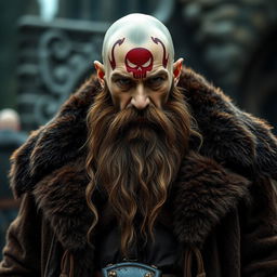 A 40-year-old man exuding a menacing aura, featuring a long, unkempt brown beard and a bald head with a striking red skull tattoo on his forehead