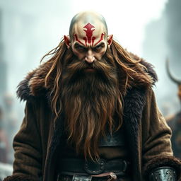 A 40-year-old man exuding a menacing aura, featuring a long, unkempt brown beard and a bald head with a striking red skull tattoo on his forehead