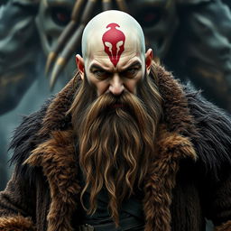 A 40-year-old man exuding a menacing aura, featuring a long, unkempt brown beard and a bald head with a striking red skull tattoo on his forehead